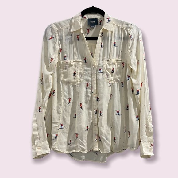 Maeve Tops - Maeve Anthropologie Button Down Ski Novelty Print Shirt Cream US 0